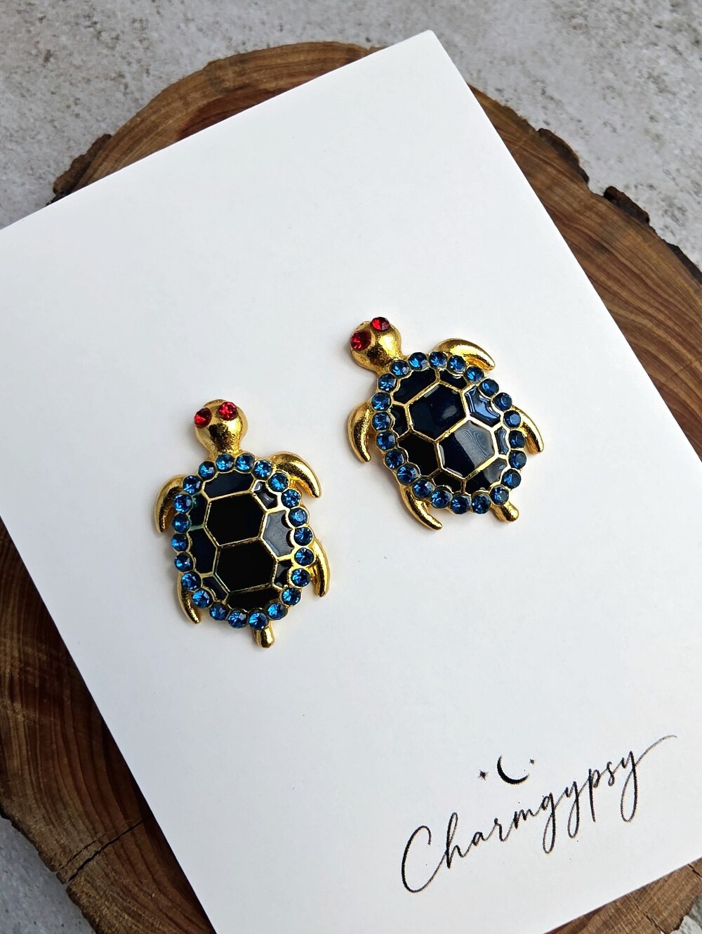 Vintage Gold Turtle Rhinestone Stud Enamel Earrings - Blue